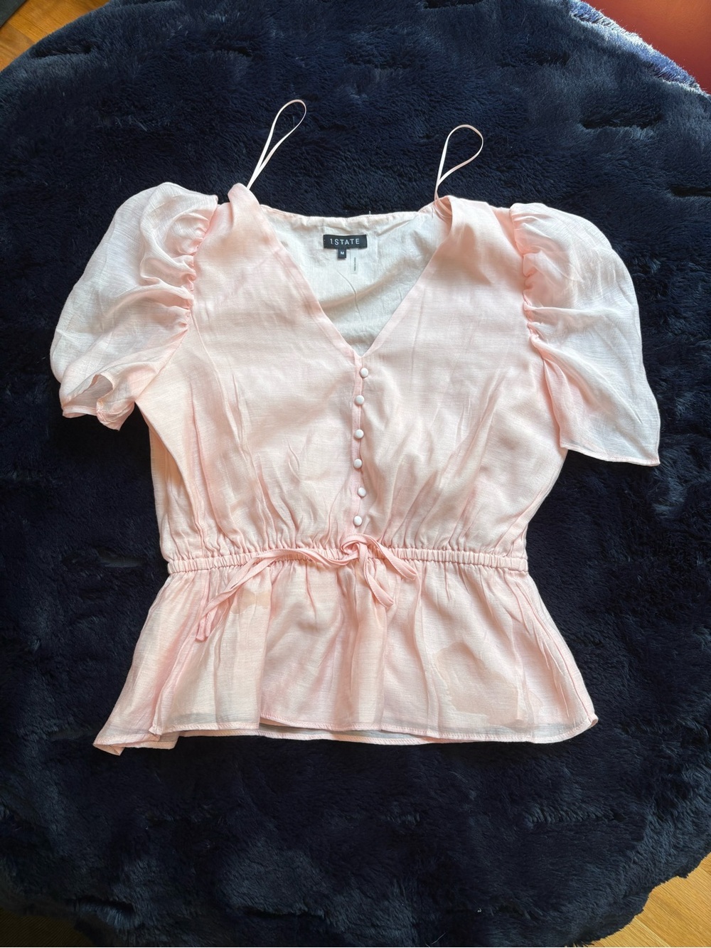 1. State Light Blush Peplum V-Neck Puff Sleeve Blouse - Picture 5 of 5